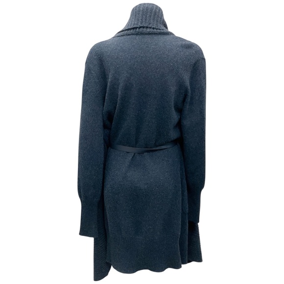 LORO PIANA NAVY LAMBSKIN LEATHER BELTED CASHMERE KNIT LONG CARDIGAN SWEATER - Picture 3 of 5